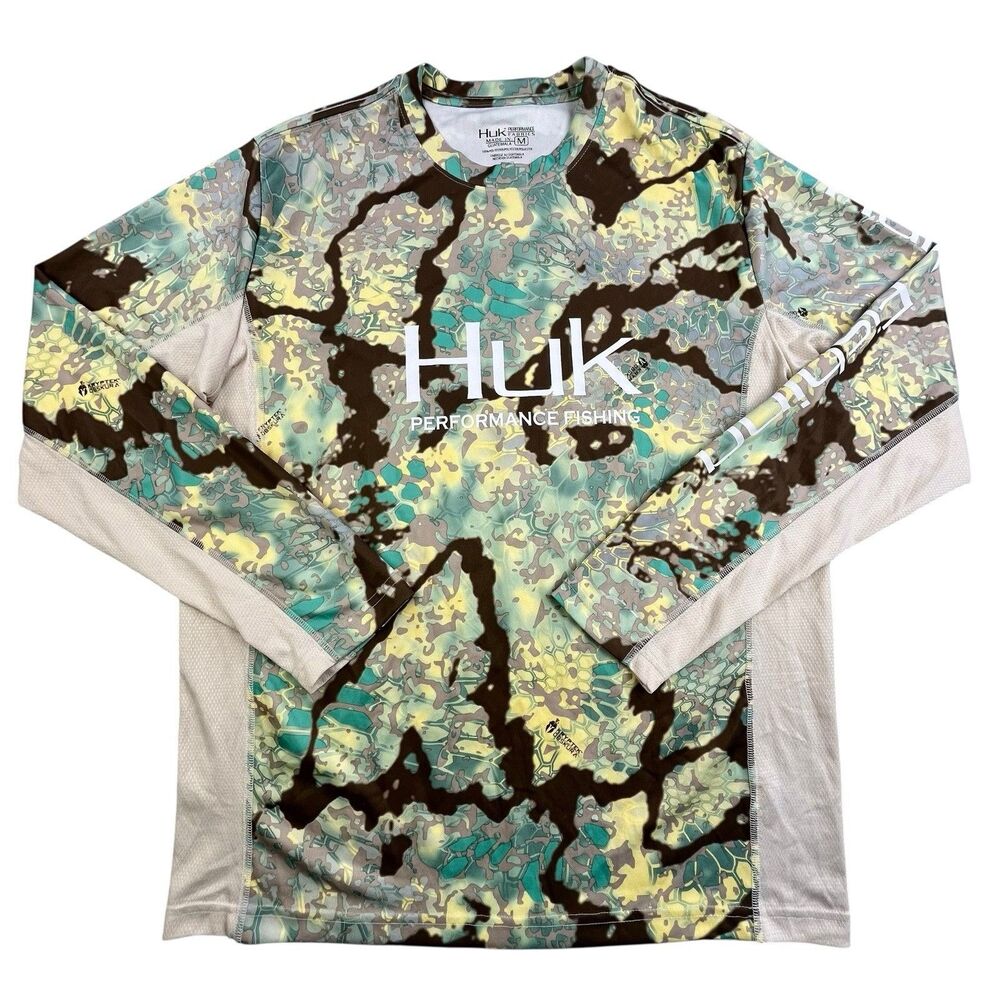 Huk Long Sleeve Performance Fishing Shirt in Teal, Yellow & Brown Camouflage